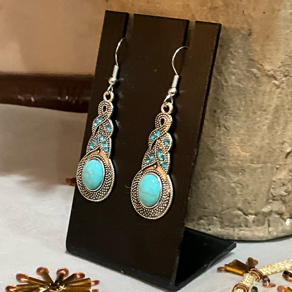 Turquoise and Silver Dangle Earrings - Picture 2 of 7